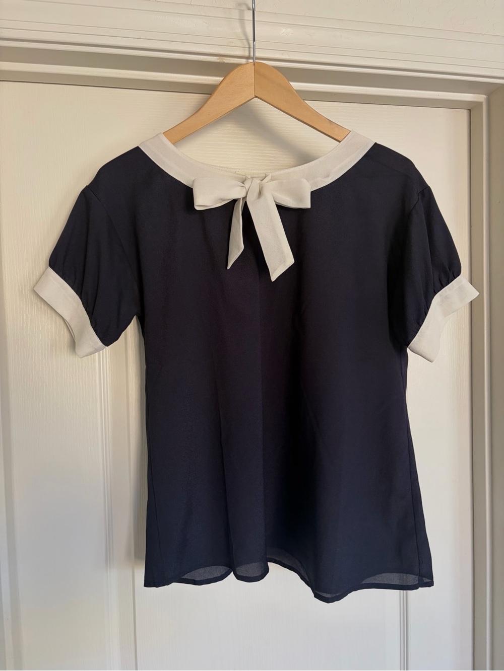 Navy Short-Sleeve Sheer Blouse with White Trim
